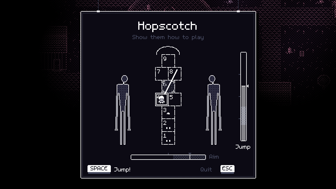 The hopscotch minigame: aim and jump between the numbered squares.