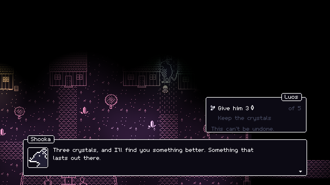 Shooka offers a deal for three crystals. "This can't be undone."